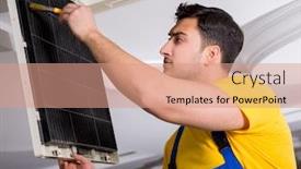  Presentation with air conditioning - Presentation design with repairman-repairing-ceiling-air-conditioning background and a coral colored foreground