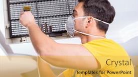  Presentation with air conditioning - PPT theme featuring repairman-repairing-ceiling-air-conditioning background and a yellow colored foreground