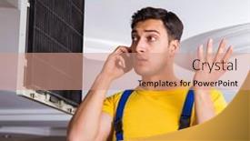  Presentation with air conditioning - Amazing slide deck having repairman-repairing-ceiling-air-conditioning backdrop and a coral colored foreground