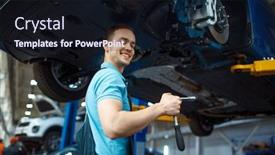  Presentation with car service - Amazing slide deck having repairman-repairing-vehicle-on-lift backdrop and a wine colored foreground