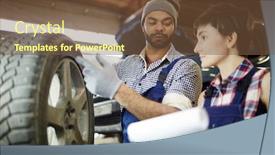  Presentation with tyre - Cool new PPT layouts with repairman-showing-car-tyre backdrop and a tawny brown colored foreground