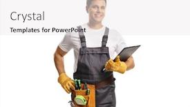  Presentation with tool belt tools - Amazing slide set having repairman-with-a-tool-belt backdrop and a white colored foreground