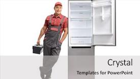  Presentation with full length portrait two men women brown sweater - PPT layouts having repairman with a toolbox leaning background and a  colored foreground