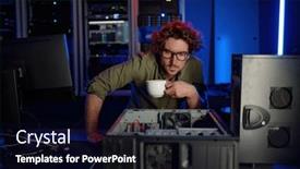  Presentation with system computer - PPT theme having repairman-with-cup-of-coffee background and a wine colored foreground