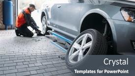  Presentation with wheel - Amazing PPT theme having repairman-with-pneumatic-wrench-unscrews backdrop and a gray colored foreground