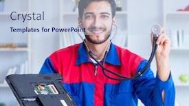  Presentation with technical support - Audience pleasing PPT layouts consisting of repairman working in technical support fixing computer laptop backdrop and a lemonade colored foreground