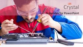  Presentation with technical support - Colorful presentation theme enhanced with repairman working in technical support fixing computer laptop tr backdrop and a coral colored foreground