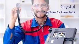  Presentation with technical support - Audience pleasing presentation theme consisting of repairman-working-in-technical-support backdrop and a sky blue colored foreground