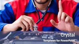  Presentation with technical support - Slide deck with repairman working in technical support background and a  colored foreground