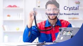  Presentation with technical support - Beautiful slide deck featuring repairman working in technical support backdrop and a sky blue colored foreground