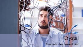  Presentation with computer network - PPT theme with repairman working on repairing network background and a light blue colored foreground