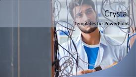 Presentation with computer network - Beautiful slide deck featuring repairman working on repairing network backdrop and a light blue colored foreground