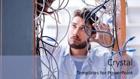  Presentation with computer network - PPT layouts enhanced with repairman working on repairing network background and a light blue colored foreground