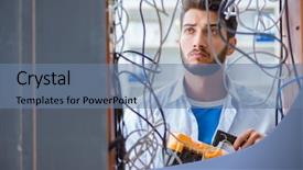  Presentation with computer network - Amazing theme having repairman working on repairing network backdrop and a seafoam green colored foreground