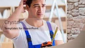  Presentation with measurement - PPT theme with repairman-working-with-measurement-tape background and a coral colored foreground