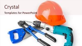  Presentation with set of construction tools tool - Cool new presentation theme with reparation - different construction tools isolated backdrop and a lemonade colored foreground