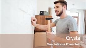  Presentation with nail - Colorful theme enhanced with reparation - handsome bearded young man hammering backdrop and a coral colored foreground