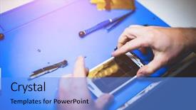  Presentation with map mobile device - Beautiful presentation theme featuring reparation - man fixing broken mobile device backdrop and a light blue colored foreground