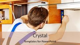  Presentation with service level - PPT theme with reparation - young handyman with spirit level background and a coral colored foreground