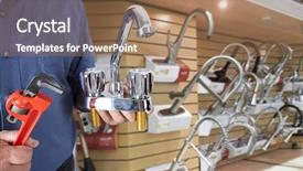  Presentation with water tap - PPT theme having reparations - plumber hands with water tap background and a coral colored foreground