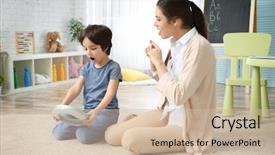  Presentation with teacher - Presentation design with repeat - young woman teacher and little background and a soft green colored foreground