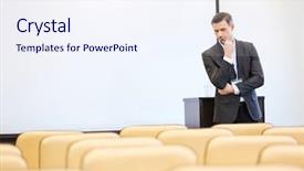  Presentation with businessman standing on mountain top - Theme having repeat business - thoughtful serious businessman standing background and a sky blue colored foreground