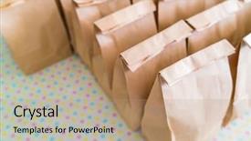  Presentation with brown paper bag - PPT theme consisting of repetitive work - brown paper bags on table background and a coral colored foreground