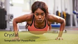  Presentation with woman pushing shopping trolley - Beautiful presentation theme featuring repetitive work - young woman doing push ups backdrop and a yellow colored foreground