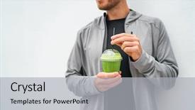  Presentation with protein shake - PPT layouts with replace - healthy young man drinking green background and a light gray colored foreground