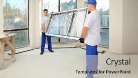  Presentation with glass construction - Beautiful presentation featuring replacing - construction workers carrying window glass backdrop and a light gray colored foreground