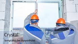  Presentation with building construction - PPT theme consisting of replacing - male industrial builders worker background and a light blue colored foreground