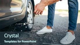  Presentation with car - Audience pleasing PPT layouts consisting of replacing - man jack up broken car backdrop and a tawny brown colored foreground
