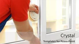  Presentation with film strip projector - Colorful presentation design enhanced with replacing - young worker applying rubber strip backdrop and a light gray colored foreground