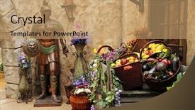  Presentation with fruits and vegetables - Amazing PPT theme having replication - fruits vegetables and flowers backdrop and a coral colored foreground