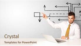  Presentation with direction - Cool new slide set with report blue white - businessman sitting at desk backdrop and a sky blue colored foreground