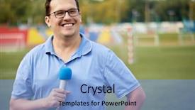  Presentation with stadium - Slide set having report blue white - smiling man with microphone is background and a light blue colored foreground