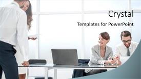  Presentation with business report - Beautiful PPT theme featuring report client - business team is discussing business backdrop and a  colored foreground