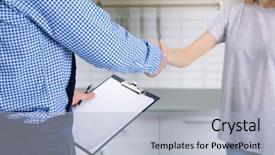  Presentation with shaking hands - Slides with report client - plumber and woman shaking hands background and a  colored foreground