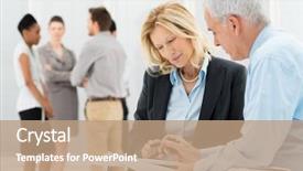  Presentation with working together - PPT theme consisting of report client - portrait of business people working background and a coral colored foreground