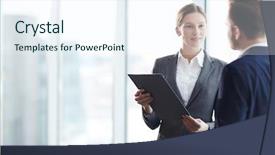  Presentation with employees - Presentation design enhanced with report client - young elegant employees discussing document background and a sky blue colored foreground