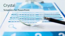  Presentation with research finance - PPT layouts enhanced with report document and magnifying glass background and a light blue colored foreground
