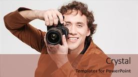  Presentation with old photographs black and white - Colorful PPT theme enhanced with report observations - smiling man photographing isolated backdrop and a red colored foreground