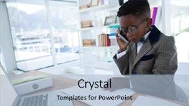  Presentation with report - Slide deck featuring report while talking on phone background and a light blue colored foreground