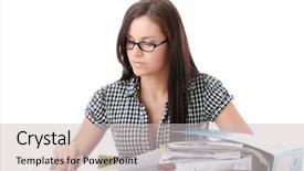  Presentation with executive - Slides having report writing - female executive filling out tax background and a light gray colored foreground