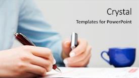  Presentation with financial analysis - Beautiful PPT theme featuring report writing - financial analysis backdrop and a light gray colored foreground