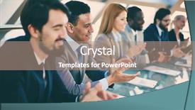  Presentation with business partner people joining hand - PPT theme featuring reporter after listening to presentation background and a coral colored foreground