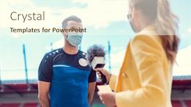  Presentation with football stadium - Slide deck featuring reporter-doing-interview-with-football background and a cream colored foreground