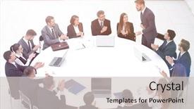  Presentation with speaker - PPT theme having reporting relationship - business people applauding speaker background and a light gray colored foreground
