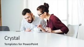  Presentation with working together - Theme consisting of reporting relationship - two concentrated young businesspeople working background and a sky blue colored foreground