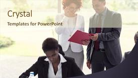  Presentation with business report - Beautiful theme featuring reporting relationship - young employees look at business backdrop and a cream colored foreground